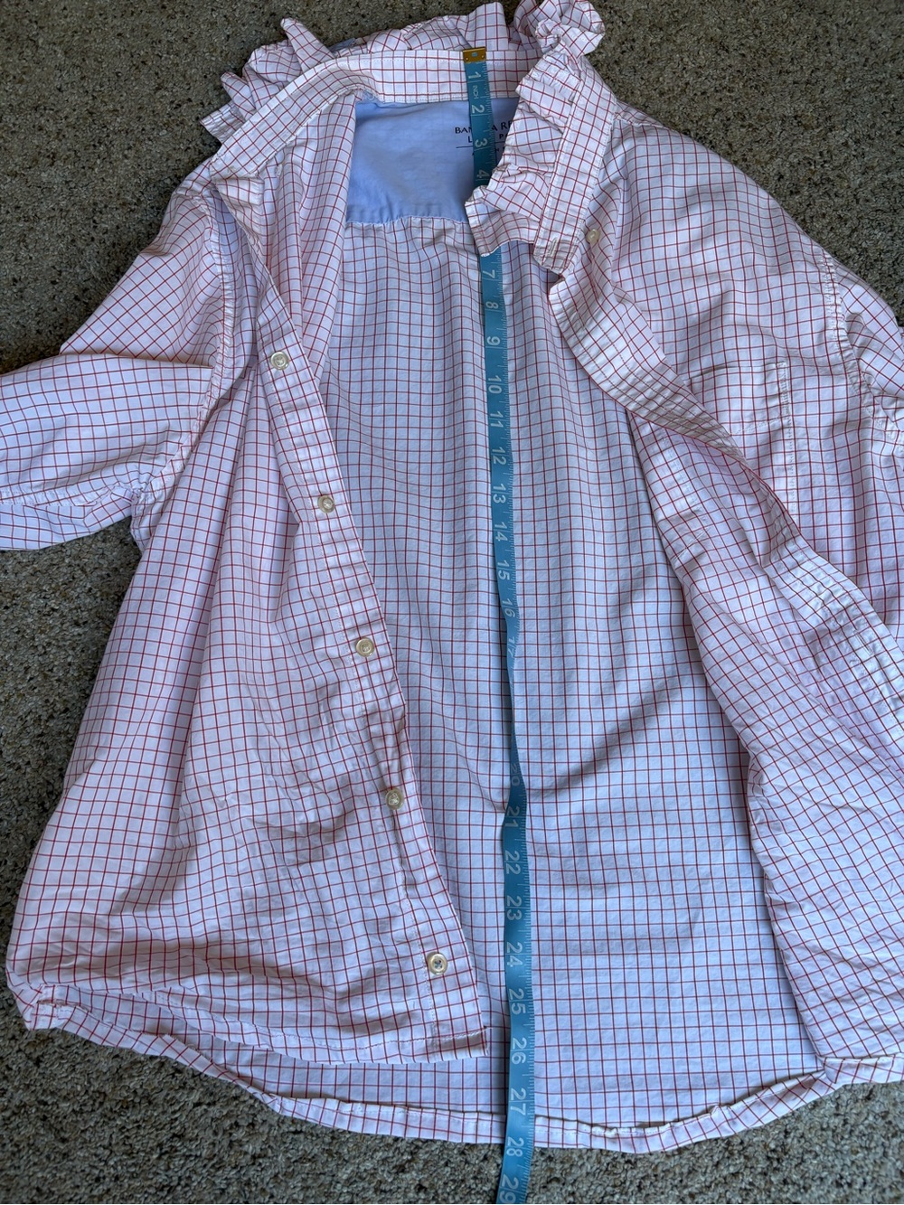Reworked Men’s White Button-Front Tie Blouse with Red Windowpane Check - Picture 7 of 10